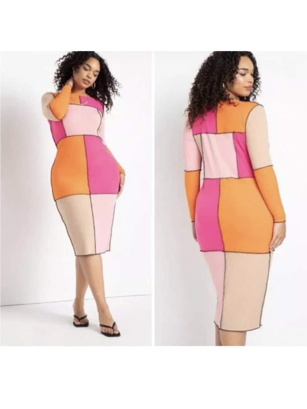 Eloquii Patchwork Long Sleeve Dress in Orange, Pink & Tan
